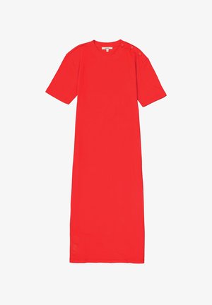 Rotes, knieumhängendes Kleid mit kurzen Ärmeln. Weicher, glatter Stoff, der zwei Knopfdetails an der linken Schulter aufweist. Einfaches, gerades Design.