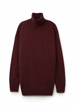 Burgunderfarbener Rollkragenpullover aus weichem Strickstoff, mit hohem geripptem Kragen und gerippten Bündchen sowie einer lockeren Silhouette.