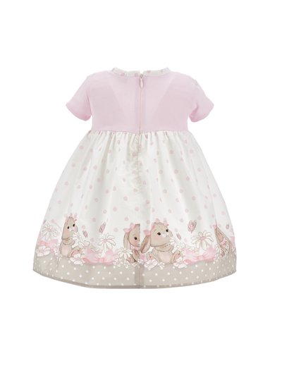 Otroški splet z roza kratkimi rokavi, belim krilom s roza pikami, cvetlicami in ilustracijami zajčkov z loki in metulji.