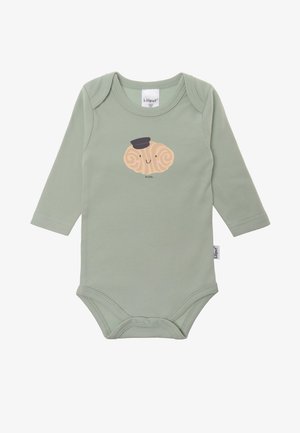 Langarm-Babybody aus weichem mintgrünem Baumwollstoff mit einem Grafikdruck eines Cartoon-Charakters, der Wirbel und einen kleinen Hut auf der Vorderseite hat.
