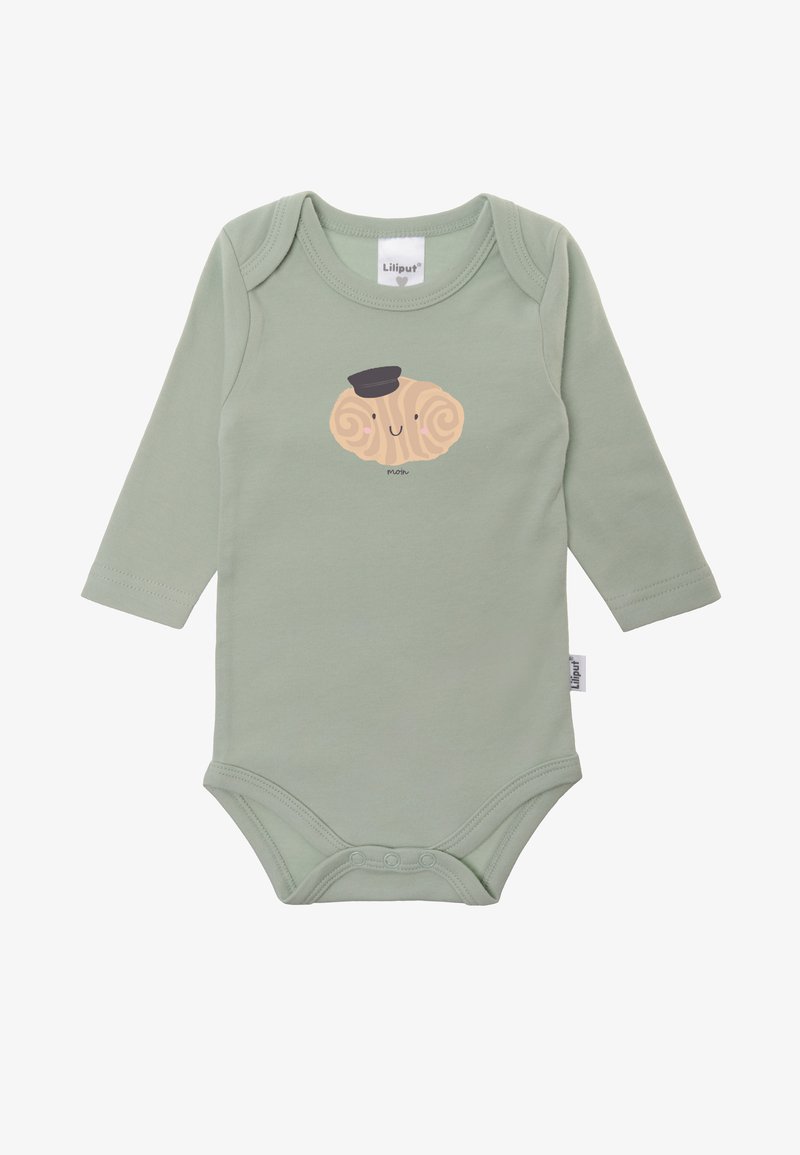 Long-sleeve baby bodysuit in soft mint green cotton, featuring a cartoon character graphic with swirls and a small hat on the front.