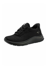 Scarpa sportiva nera realizzata in tessuto testurizzato con suola ammortizzata, caratterizzata da un design con lacci e un branding sottile sul lato.