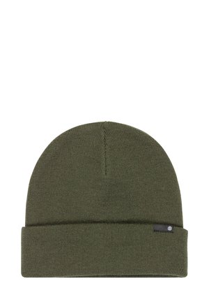 Knit beanie in dark green, with a folded cuff at the bottom, featuring a small black logo tag on the side. Soft texture and rounded shape.
