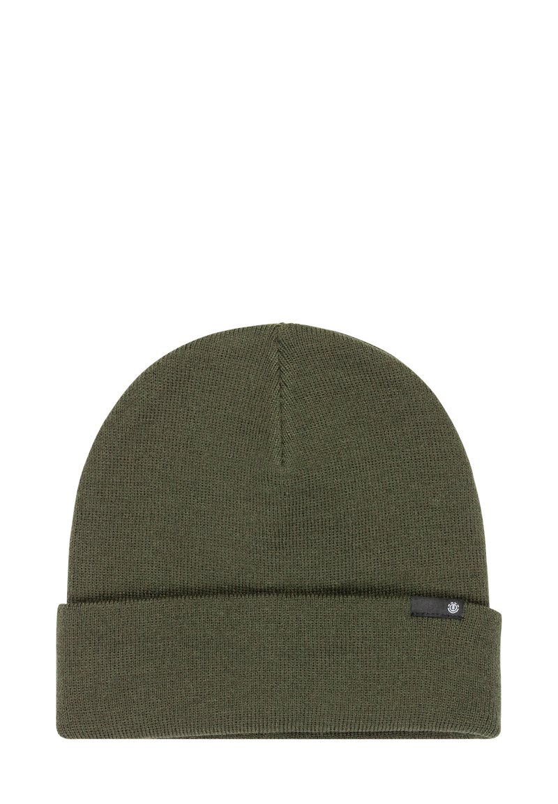 Knit beanie in dark green, with a folded cuff at the bottom, featuring a small black logo tag on the side. Soft texture and rounded shape.