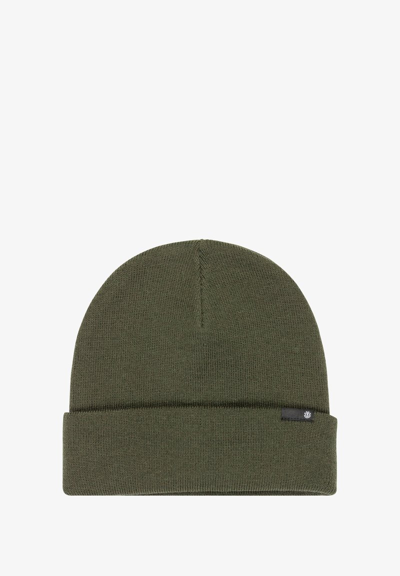 Knit beanie in dark green, with a folded cuff at the bottom, featuring a small black logo tag on the side. Soft texture and rounded shape.