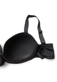 Black padded bra with smooth, satin-like texture. Features adjustable straps and a hook closure. Interior is seamless and contoured.