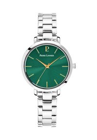 Orologio in acciaio inossidabile argentato con cassa rotonda, quadrante verde a raggi di sole, indici delle ore dorati e bracciale a maglie lucido. Etichetta del marchio inclusa.
