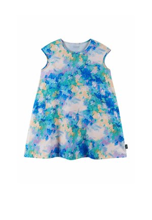 Dziecięca sukienka bez rękawów z okrągłym dekoltem, z akwarelowym kwiatowym wzorem w odcieniach niebieskiego, zielonego, fioletowego i jasnobeżowego.