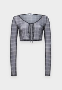 Gekürztes Langarmshirt aus transparentem grauem Stoff mit Karomuster, das über einen V-Ausschnitt und eine Bindeschließe an der Vorderseite verfügt.