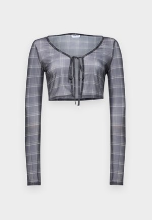 Cropped long-sleeve top in sheer gray fabric with a plaid pattern, featuring a V-neckline and tie closure at the front.