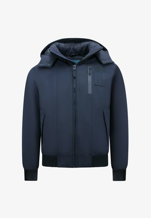 Marineblauwe capuchonjas met een rits aan de voorkant, geribbelde manchetten en zoom, twee zijzakken en een borstzak met ritssluiting. Glad, gestructureerd materiaal.