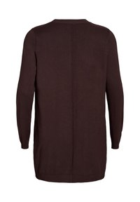 Långärmad cardigan i mörkbrun stickad, med rund halsringning, öppen framsida och en något längre bakre fåll.