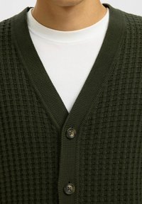 Roheline tekstuuriga kardigan V-kaelusega, millel on ruuduline muster ja ees kaks nuppu, kantud valge särgi peal.