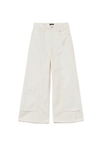 Pantaloni bianchi a gamba larga in cotone, con chiusura a zip e bottone, cinque tasche e dettagli di cucitura a contrasto.