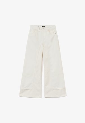 Witte wijde broekspijpen van katoen, met een rits- en knoopsluiting, vijf zakken en contrasterende stiksels.