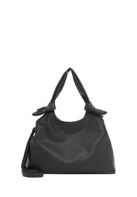 Černá kožená kabelka s texturovaným povrchem, zaobleným tvarem, dvojitými uzlovými uchy a odnímatelným ramenním popruhem.