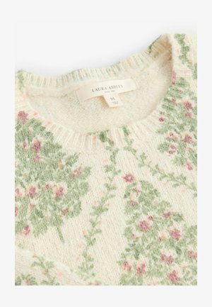 Knitted sweater in cream with floral print. Features green and pink flowers with a soft textured finish. Crew neck and ribbed edges.