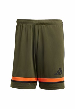 Olive green athletic shorts with an elastic waistband, featuring vibrant orange horizontal stripes and black accents on the hem and logo.