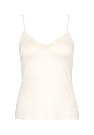 Crème V-hals cami-top van stof met dunne verstelbare bandjes en een gladde textuur. Heeft een getailleerd ontwerp, ideaal voor lagen.