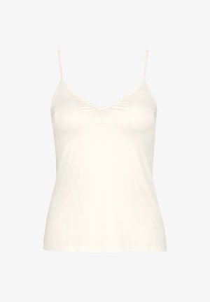 Crème V-hals cami-top van stof met dunne verstelbare bandjes en een gladde textuur. Heeft een getailleerd ontwerp, ideaal voor lagen.