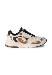 Männlicher Sportschuh in Creme, Braun und Schwarz; mit einem Obermaterial aus Netzgewebe, dämpfender Sohle und Gummisohle mit verschiedenen Texturen und Designdetails.