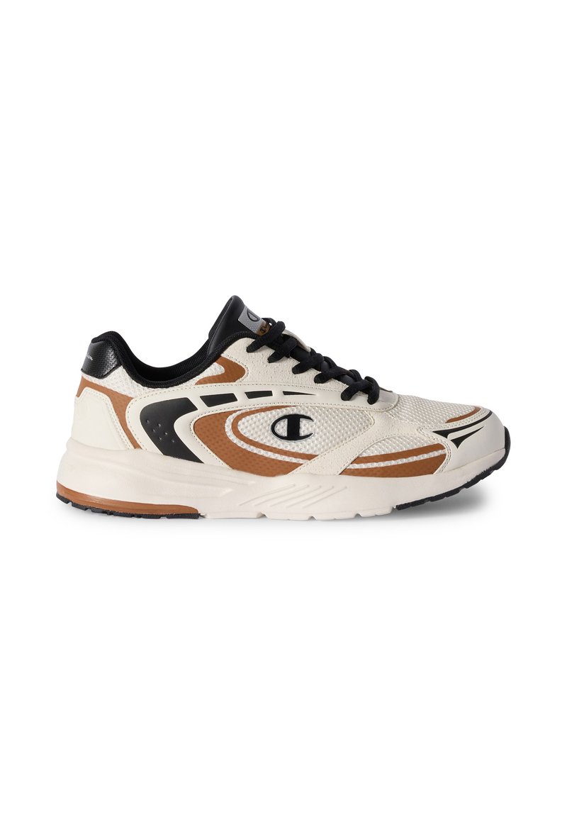 Männlicher Sportschuh in Creme, Braun und Schwarz; mit einem Obermaterial aus Netzgewebe, dämpfender Sohle und Gummisohle mit verschiedenen Texturen und Designdetails.