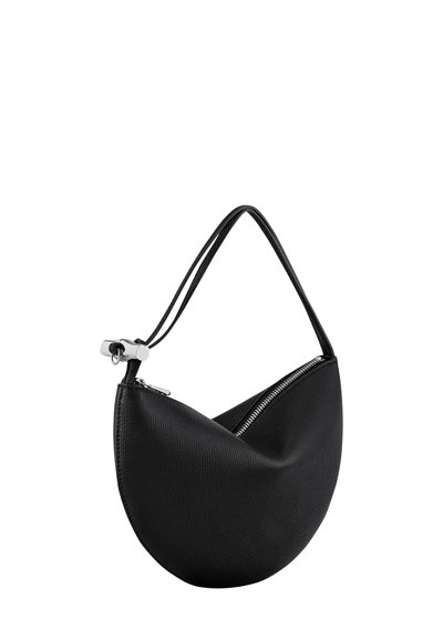 Black textured leather bag with a crescent shape, featuring a single strap and a silver zipper detail. Compact and modern design.