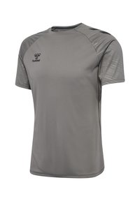 Sportshirt met korte mouwen in effen grijs met getextureerde mouwen en zwart hummel-logo op de borst en chevrons op de schouders.