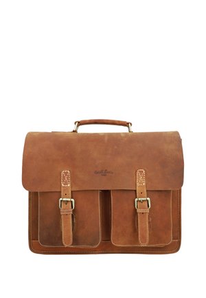 Hnedá kožená aktovka s dvoma prednými vreckami na pracku, prešívanými okrajmi a horným držadlom na bielom pozadí.