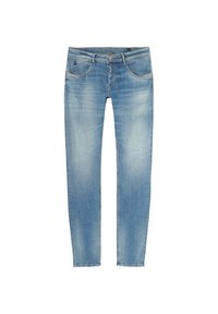 Jean en denim bleu clair à coupe slim, avec un léger délavage, des effets de frottement et un design à cinq poches. Jambe droite avec une taille standard.