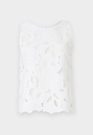 Top alb fără mâneci, cu broderie din dantelă florală, textură transparentă și croială lejeră, cu decolteu rotund și tiv zimțat.