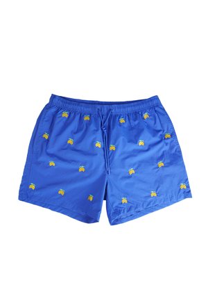 Costume da bagno blu con vita elastica e motivi di limoni gialli uniformemente distribuiti sul tessuto.