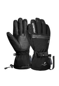 Schwarze Handschuhe aus Leder- und Textilmaterialien, mit Fünf-Finger-Design, verstellbaren Handgelenkriemen und einer Reißverschlusstasche.