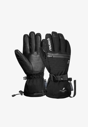 Zwarte handschoenen met leer en textiel, vijfvingerontwerp, verstelbare polsbanden en een ritszak.
