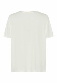 Kortærmet T-shirt med rund hals i off-white stof, der har en glat tekstur og en afslappet pasform, uden synlige mønstre eller hardware.