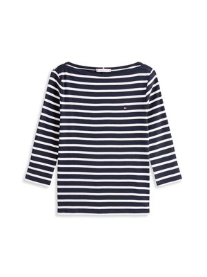 Camisa de manga longa às riscas azul-marinho e branca, com um decote largo e um pequeno detalhe de logotipo no peito, feita de tecido de algodão suave.
