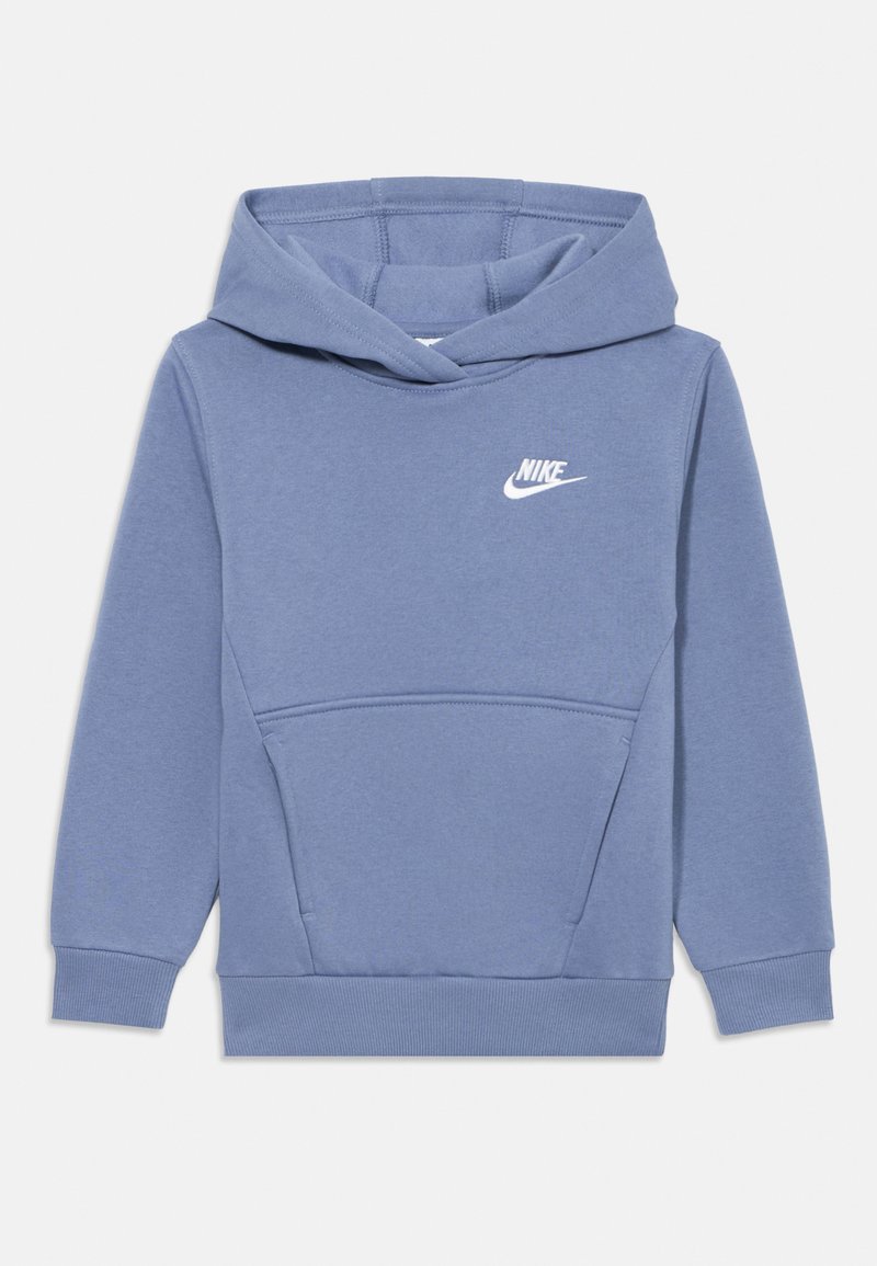 Sweatshirt azul com capucho, punhos e bainha canelados. Apresenta um bolso canguru e um logótipo da Nike branco no peito. Feito de tecido suave.