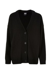 Svart strikket cardigan med V-hals, ribbede mansjetter og kant. Har seks knapper foran og en noe løs passform for komfort.