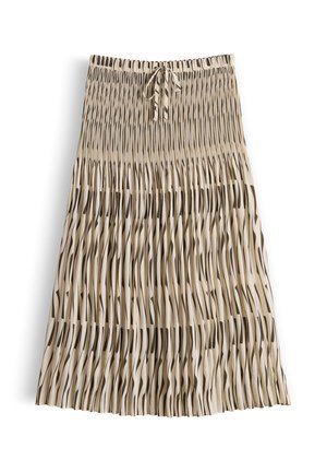 Gonna midi plissettata beige con righe verticali nere irregolari e coulisse in vita.