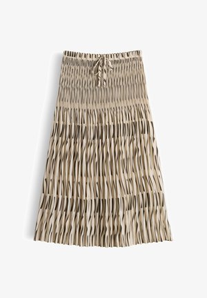 Beige geplooide midi-rok met zwarte onregelmatige verticale strepen en een koordsluiting in de taille.