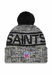 Berretto lavorato a maglia grigio e nero con un pom-pom in cima. Presenta la scritta "SAINTS" in grassetto nero e una toppa bianca del logo NFL sulla parte inferiore.