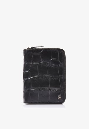 Black crocodile-pattern leather zip-around wallet with a small silver logo in the bottom right corner on a white background.