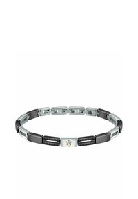 Armband i silver och svart metall med sammanlänkade länkar, en slät yta och en central dekorativ detalj med en guldemblem.