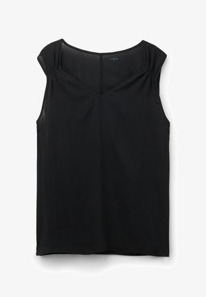 Czarny top bez rękawów w kształcie V, z marszczeniami na ramionach, wykonany z lekkiego materiału o gładkiej teksturze.