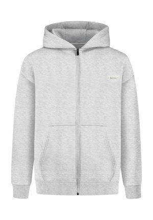 Lichtgrijze broek met ritssluiting, met voorzakken, ribbelboorden en onderrand, en een klein rechthoekig logo op de linker borst.