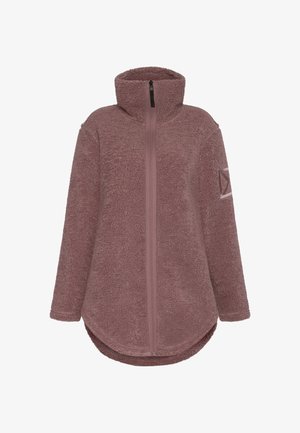 Häivä, pitkähihainen takki purppuranpunaisena, jossa on korkea kaulus ja puolivetoketju edessä. Sisältää pehmeän tekstuurin ja geometristen kudosten tikkauksen hihassa.