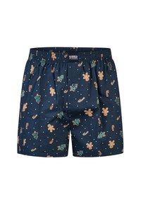 Blauwe katoenen boxers met een elastische tailleband, voorzien van peperkoekenmannen, kerstbomen en suikerrietjes op een achtergrond van stippen.