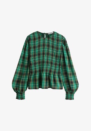 Blouse à carreaux verts avec texture froncée, longues manches bouffantes, col rond et détail de bouton en forme de trou à l'arrière. Tissu léger au tombé doux.