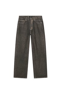 Tmavě šedé široké džíny vyrobené z denimu, se klasickým pětipocketovým designem, pevným šitím a zipem s knoflíkovým zapínáním.