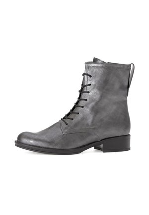 Dark gray leather ankle boots with a rounded toe, lace-up front, and a small heel. Smooth texture with minimal accents and a rear pull tab.